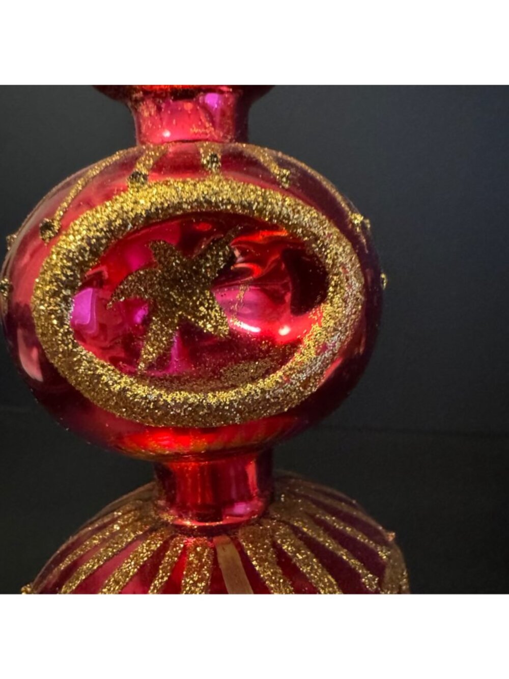 VTG Pink & Gold Glass Christmas Tree Topper Glitter Accents Double Indent Ball - Picture 8 of 16